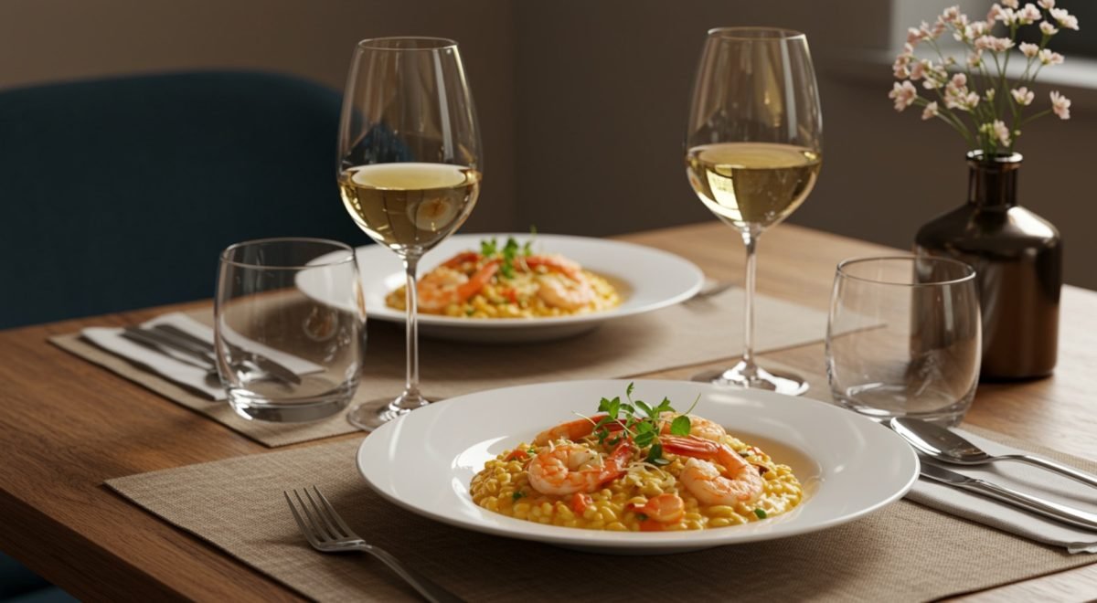 Divulgação/Cantu-Grupo-Wine - Imagem de jantar romântico com vinho e prato de risoto