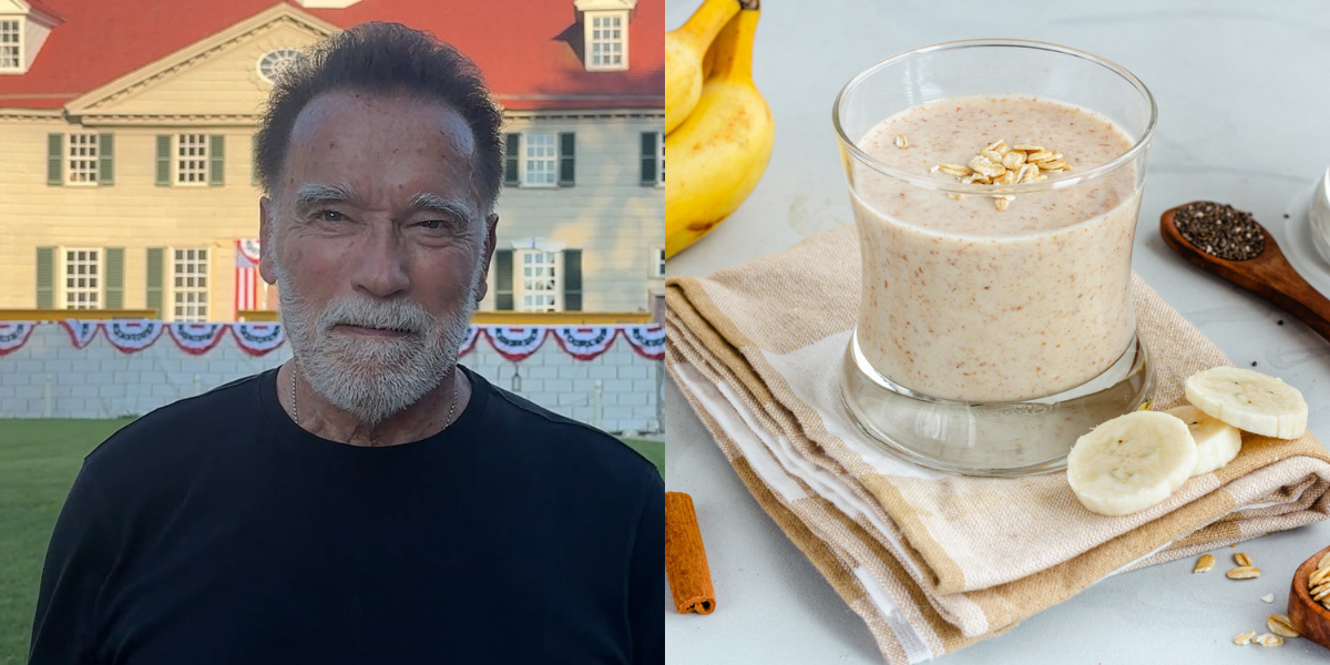 Reprodução/Instagram e  - Imagem ilustrativa do ator Arnold Schwarzenegger ao lado de shake proteico