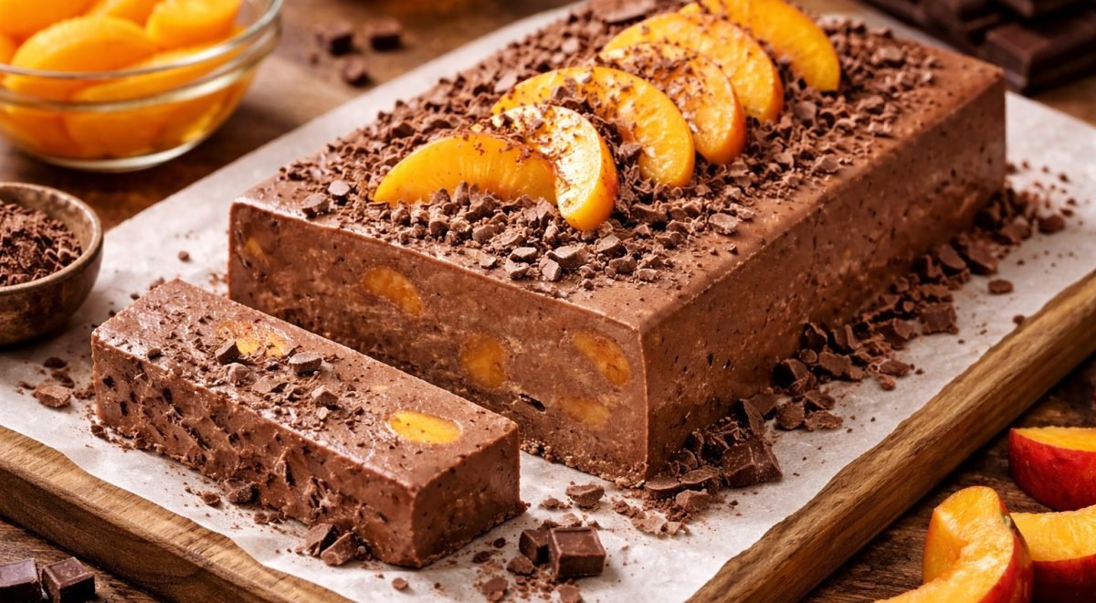 Sobremesa gelada de pêssego com chocolate meio amargo/ gerada por IA - Sobremesa gelada de pêssego com chocolate meio amargo/ gerada por IA