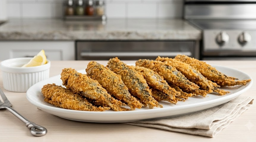 Sardinha frita crocante e sequinha sem sujeira na cozinha